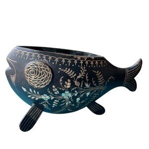 Big Eyed Fish Metal Vase Black Gold Floral Engraved Shelf Decor Vtg Asian Accent